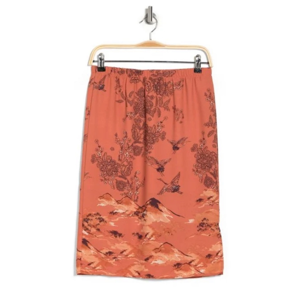 Pleione Crane Print Terracotta Pull On Skirt Size Small